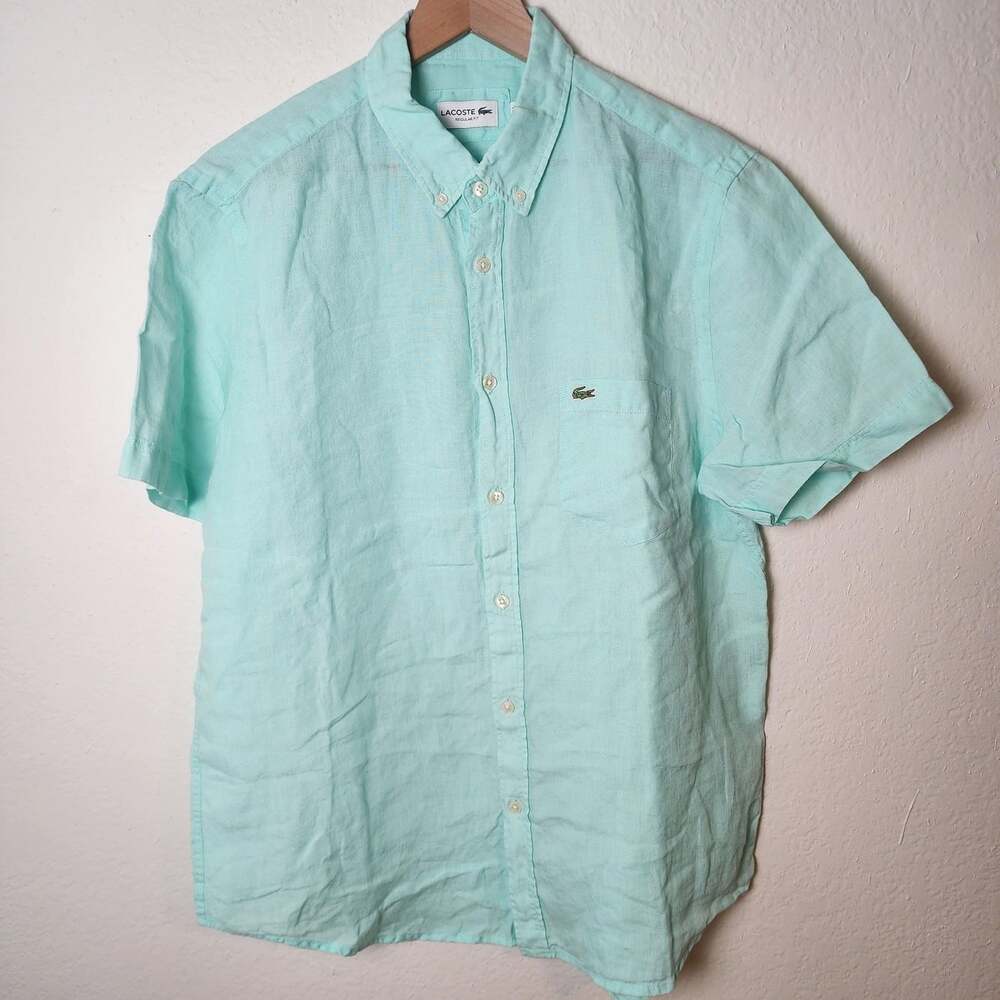 Lacoste Shirt Mens Large Green Linen Short Sleeve Button Down Regular Fit